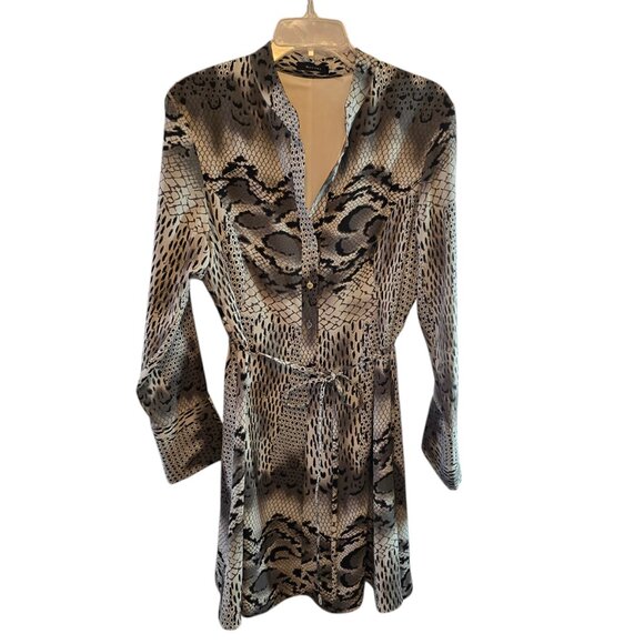 NATORI ANIMAL PRINT PYTHON DRESS BLACK WHITE GREY SIZE 12 FIT AND FLARE SELF TIE - Picture 1 of 12
